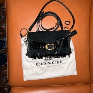 COACH Black Leather Fringe Shoulder Bag with Gold 'C' Accent